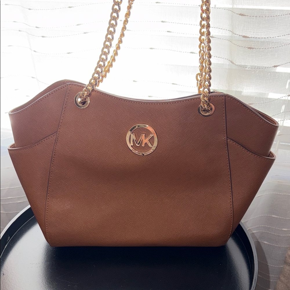 Michael Kors Cognac Saffiano Leather Tote with Gold Chain Handles